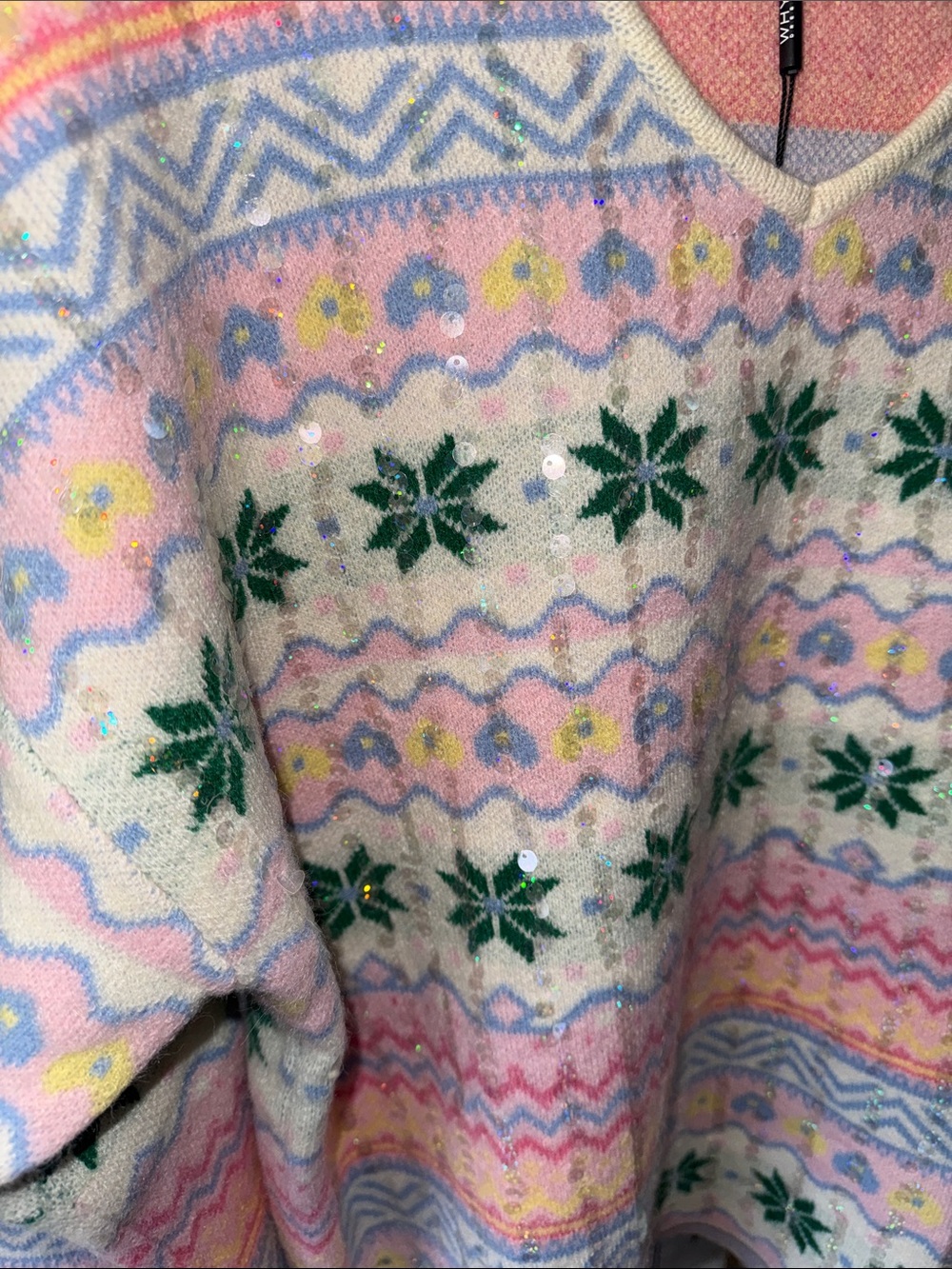 NWT Why Dress Pastel Fair Isle V-Neck Sweater w/ Sparkles Sz Large - Picture 4 of 7
